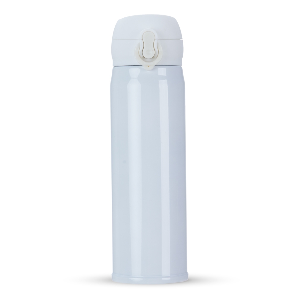 Garrafa térmica 400 ml com tampa de botão personalizada com a logo da empresa, na cor branco