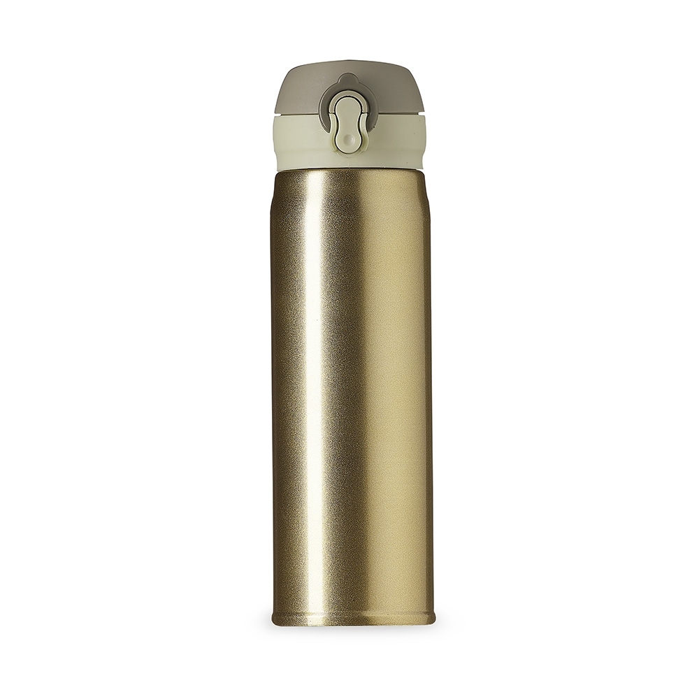 Garrafa térmica 400 ml com tampa de botão personalizada com a logo da empresa, na cor champanhe