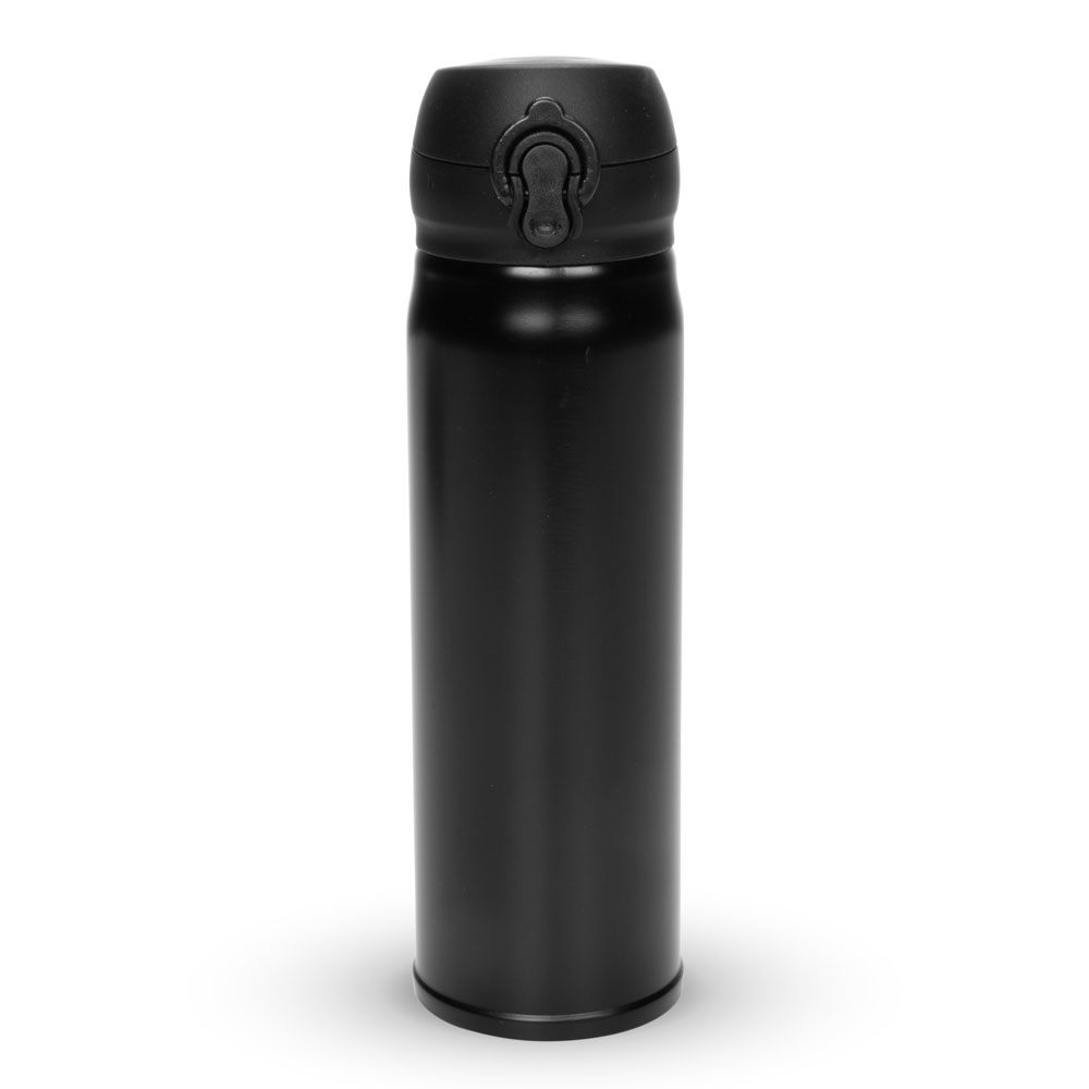 Garrafa térmica 400 ml com tampa de botão personalizada com a logo da empresa, na cor preto