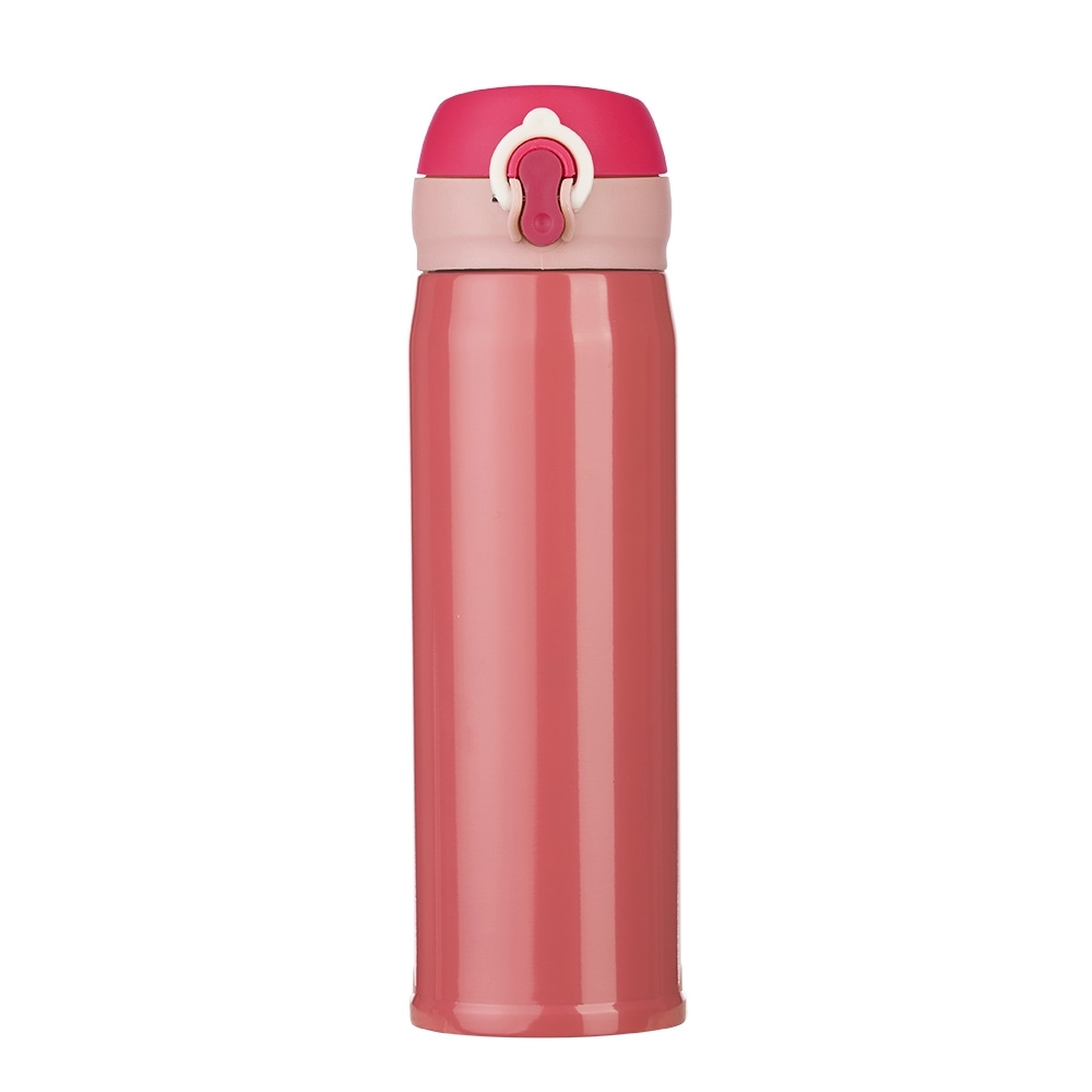 Garrafa térmica 400 ml com tampa de botão personalizada com a logo da empresa, na cor salmão