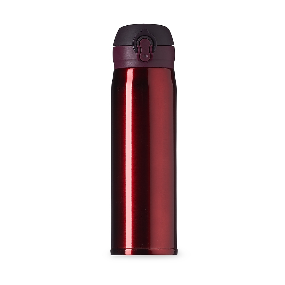 Garrafa térmica 400 ml com tampa de botão personalizada com a logo da empresa, na cor vermelho