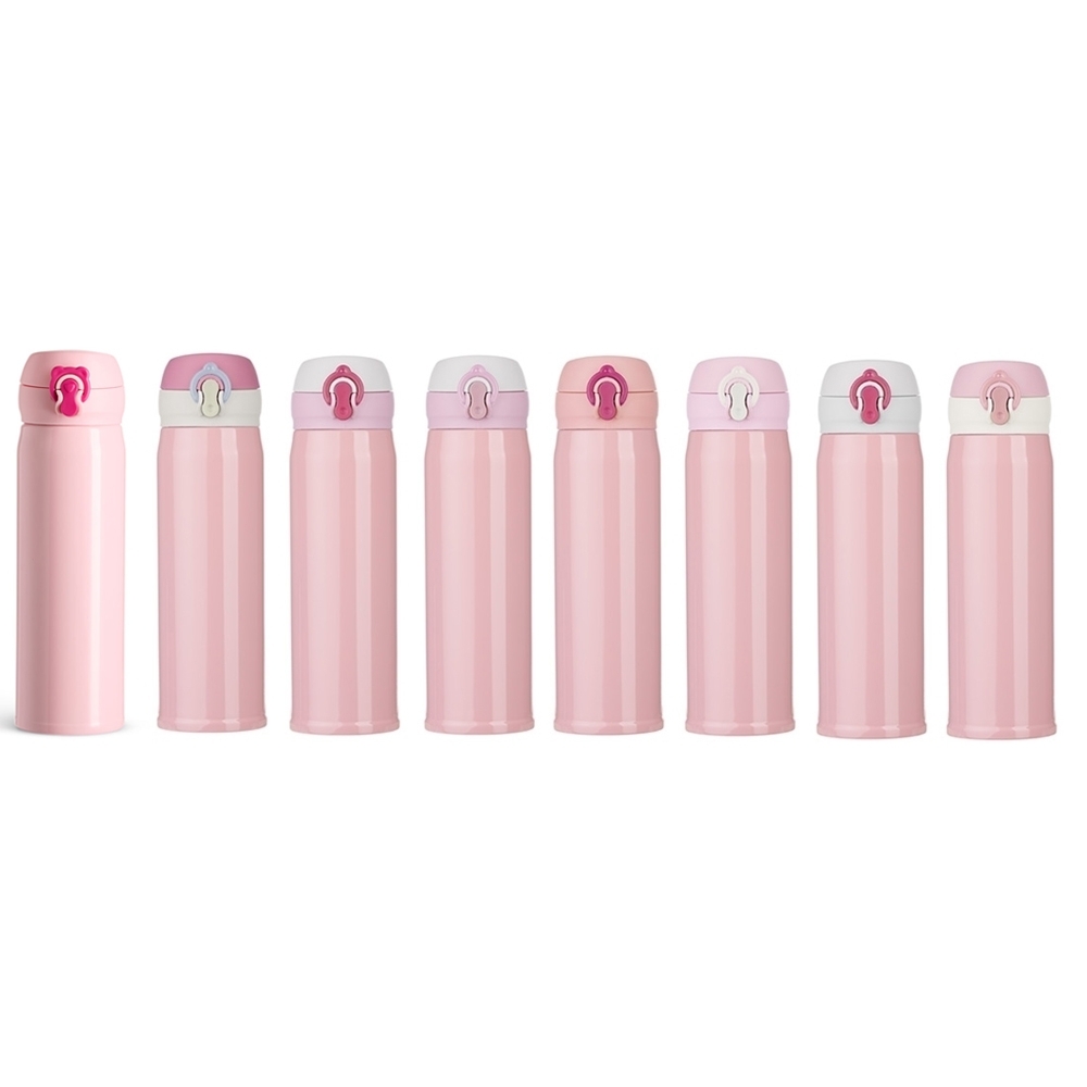Garrafa térmica 400 ml com tampa de botão na cor Rosa / Branco, personalizada com a logo da empresa