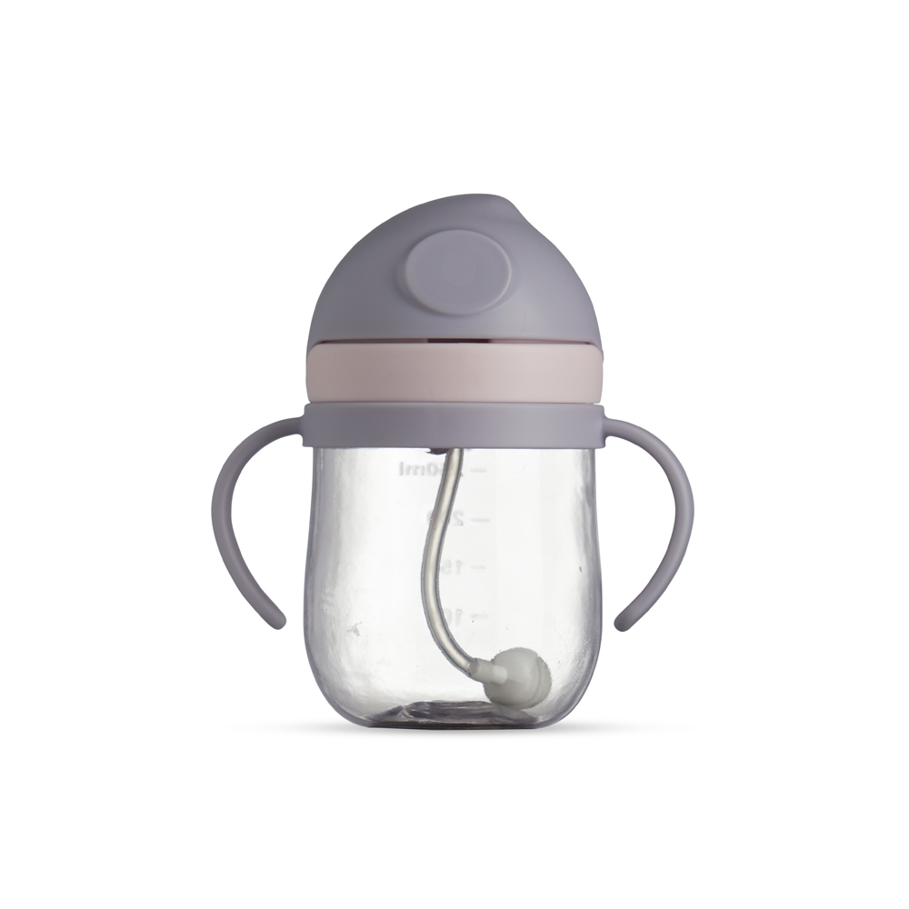Copo de transição infantil 350 ml de plástico com canudo na cor Roxo / Transparente, personalizado com a logo da empresa