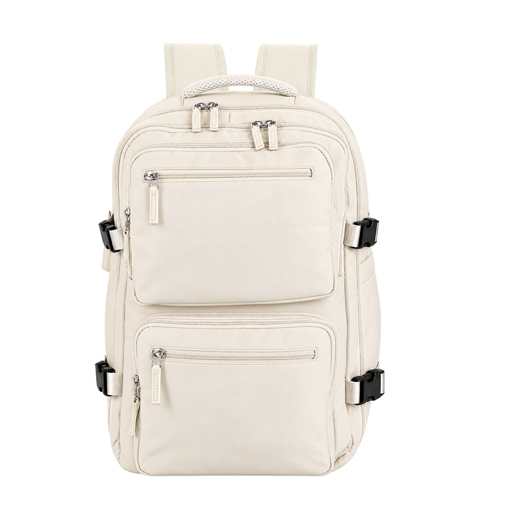 Mochila expansível 36 litros para notebook personalizada com a logo da empresa, na cor creme