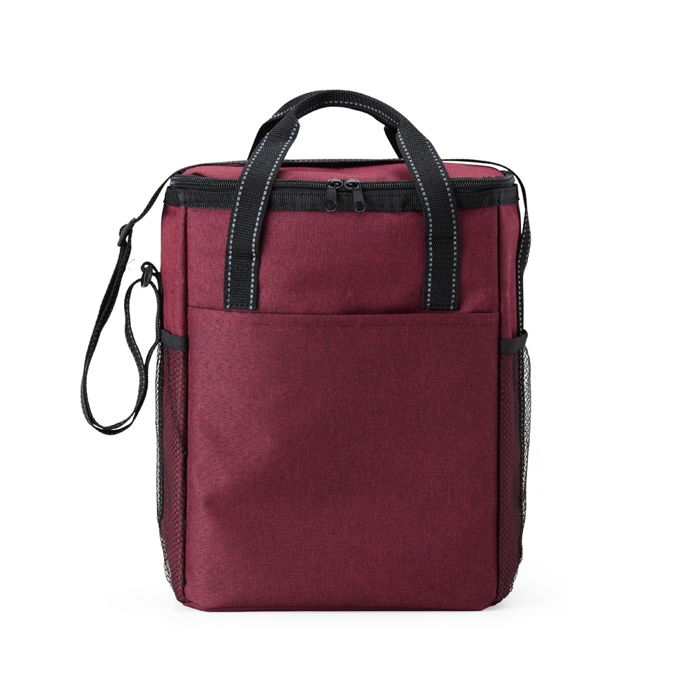 Bolsa térmica 16 litros de poliéster com bolso frontal personalizada com a logo da empresa, na cor vermelho