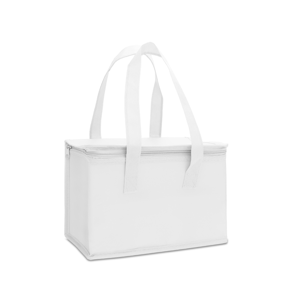 Bolsa térmica 6 litros de TNT personalizada com a logo da empresa, na cor branco