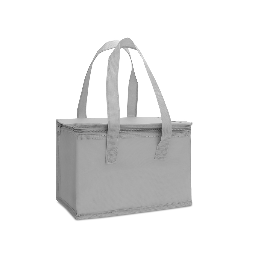 Bolsa térmica 6 litros de TNT personalizada com a logo da empresa, na cor cinza