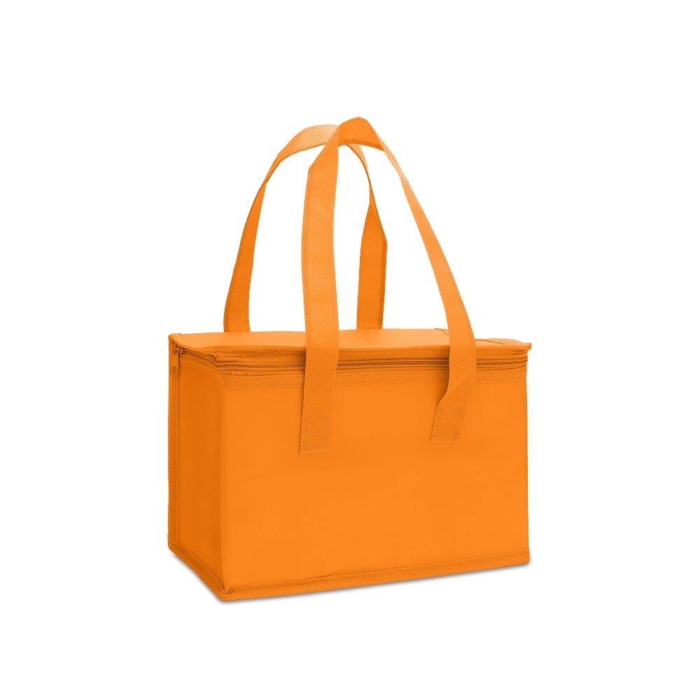 Bolsa térmica 6 litros de TNT personalizada com a logo da empresa, na cor laranja