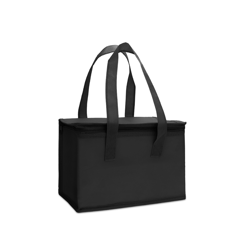 Bolsa térmica 6 litros de TNT na cor Preto, personalizada com a logo da empresa