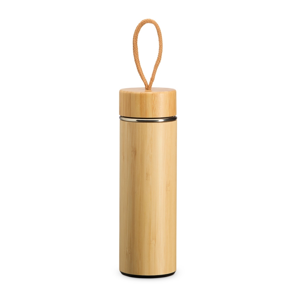 Garrafa térmica de bambu 400 ml com infusor e alça de poliéster personalizada com a logo da empresa