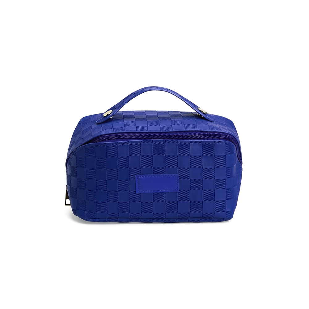 Nécessaire de couro sintético com 3 compartimentos personalizada com a logo da empresa, na cor azul escuro