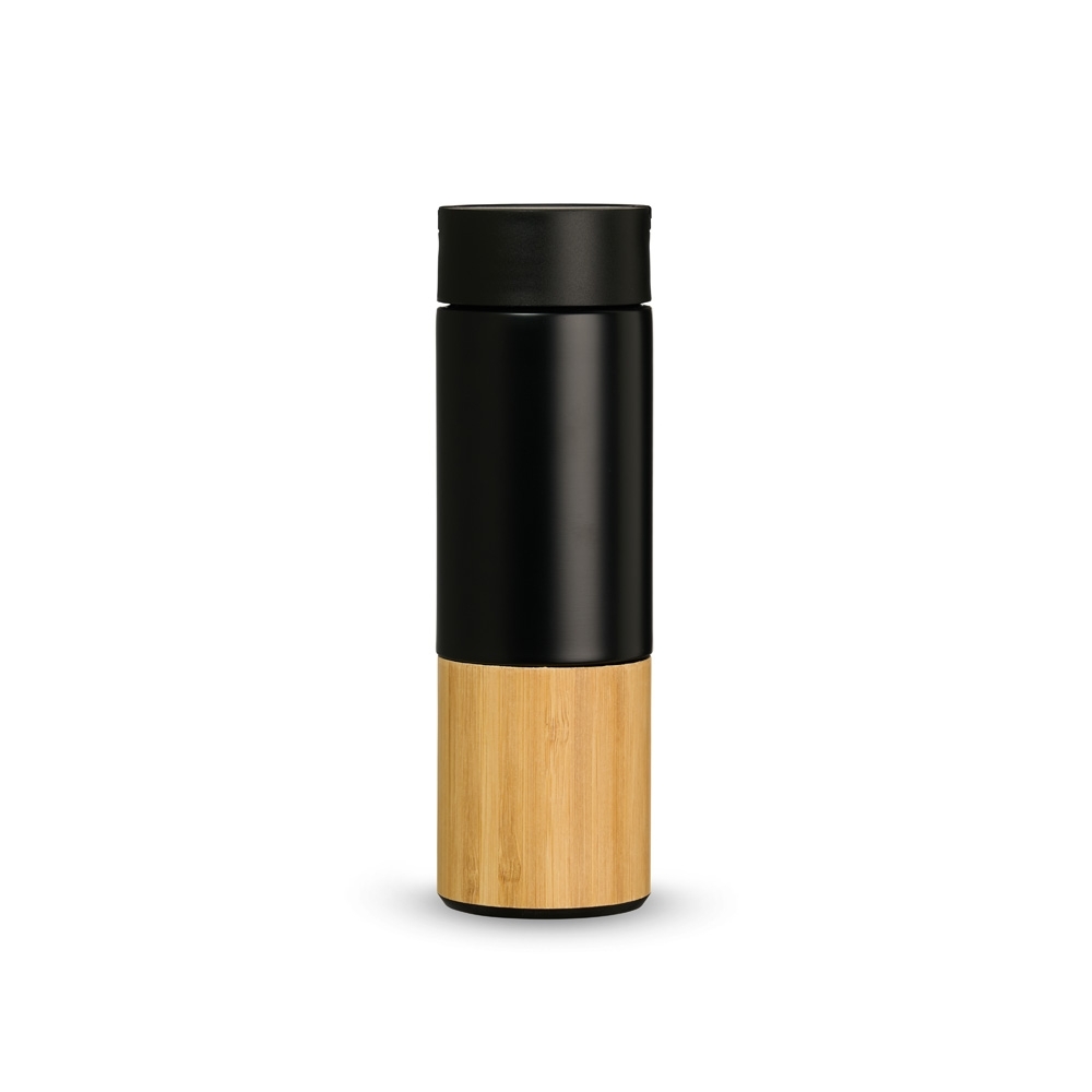 Garrafa térmica 420 ml com apoio para celular e alça na cor Preto / Bambu, personalizada com a logo da empresa