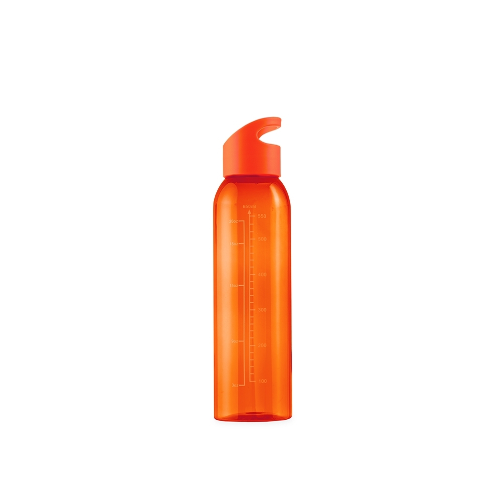 Garrafa plástica 700 ml sem BPA com alça fixa e marcação de volume personalizada com a logo da empresa, na cor laranja