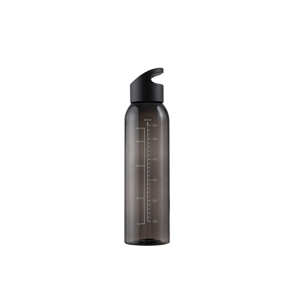 Garrafa plástica 700 ml sem BPA com alça fixa e marcação de volume na cor Preto, personalizada com a logo da empresa