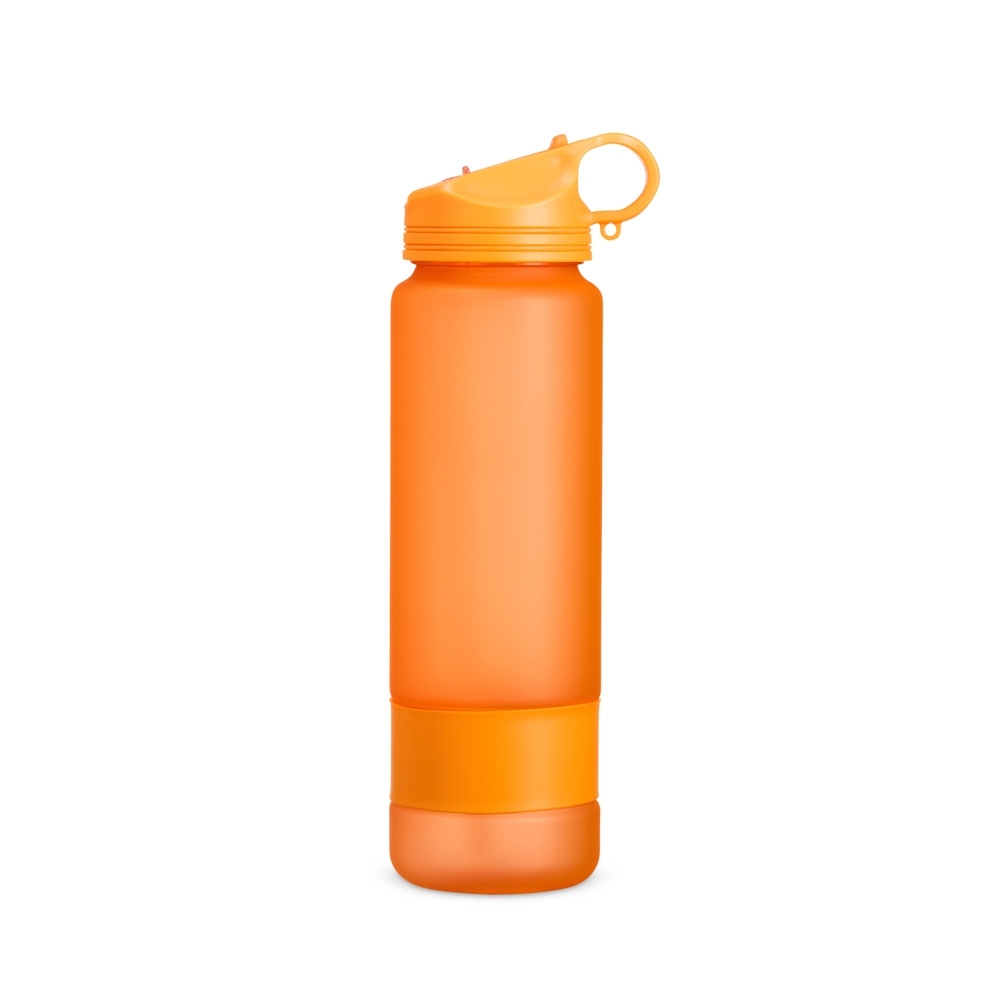 Garrafa plástica 900 ml fosca com alça personalizada com a logo da empresa, na cor laranja / preto