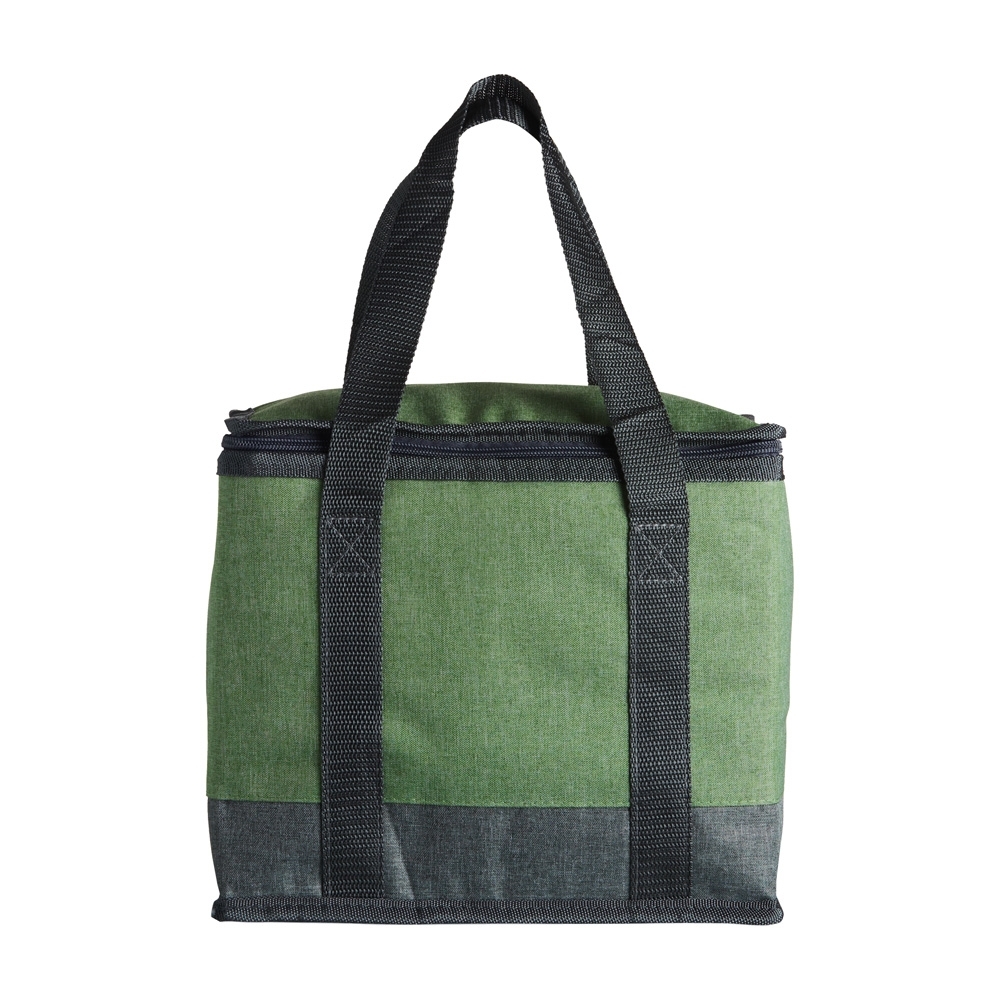Bolsa térmica 15 litros de poliéster personalizada com a logo da empresa, na cor verde / cinza