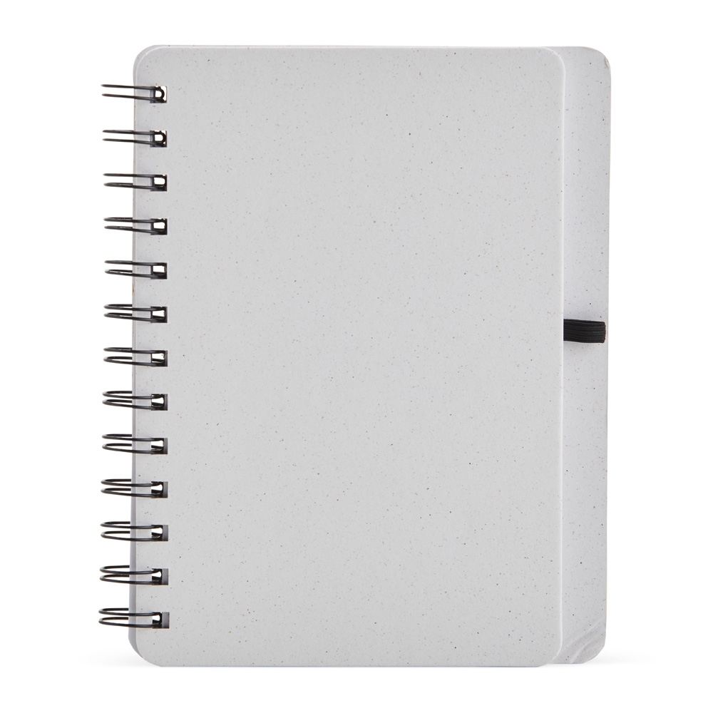 Caderneta kraft b6 com porta caneta e espiral na cor Branco, personalizada com a logo da empresa