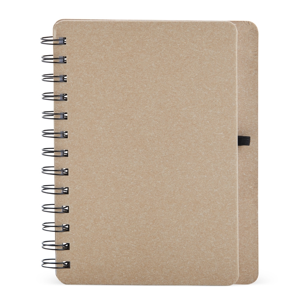 Caderneta kraft b6 com porta caneta e espiral personalizada com a logo da empresa, na cor bege