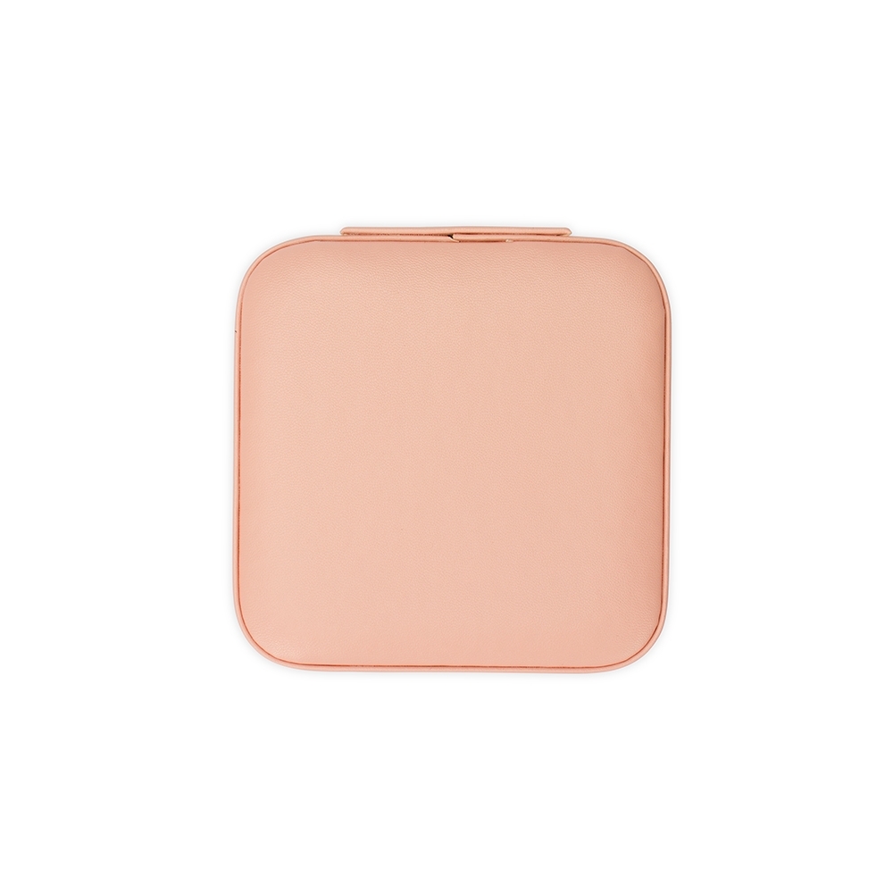 Porta-joias de couro sintético com ganchos e divisória em quadrantes personalizado com a logo da empresa, na cor rosa