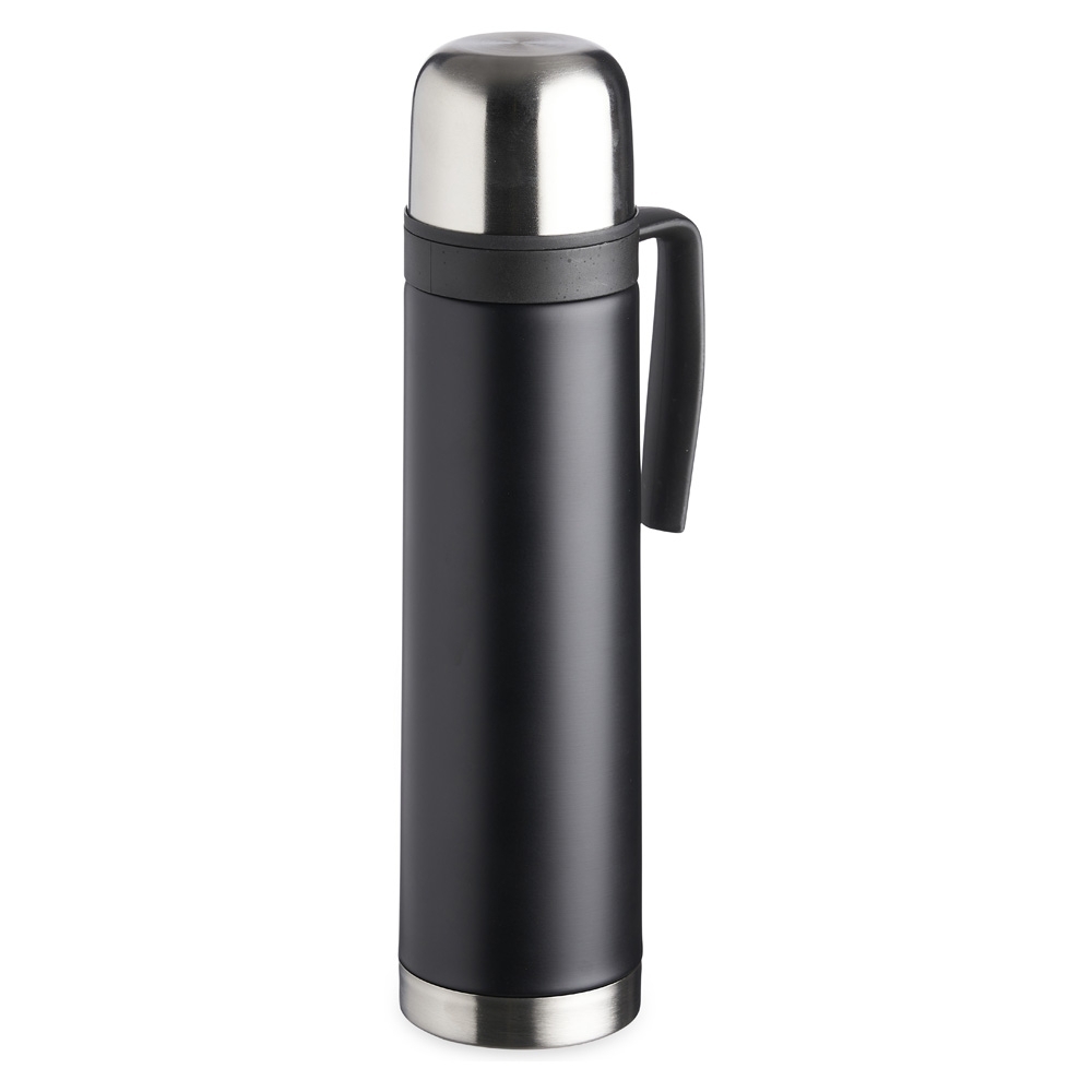 Garrafa térmica 750 ml de inox com bico condutor e alça plástica na cor Preto / Inox, personalizada com a logo da empresa