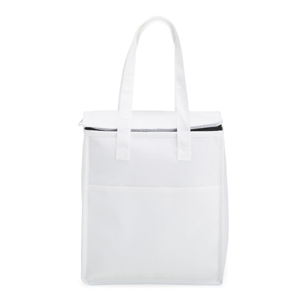 Bolsa térmica 13 litros de TNT com bolso frontal personalizada com a logo da empresa, na cor branco