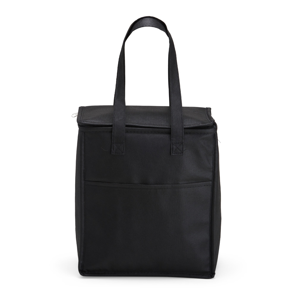Bolsa térmica 13 litros de TNT com bolso frontal na cor Preto, personalizada com a logo da empresa
