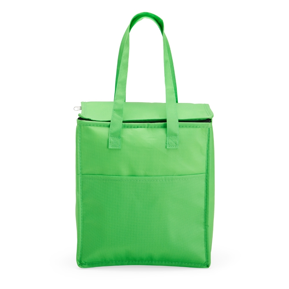 Bolsa térmica 13 litros de TNT com bolso frontal personalizada com a logo da empresa, na cor verde