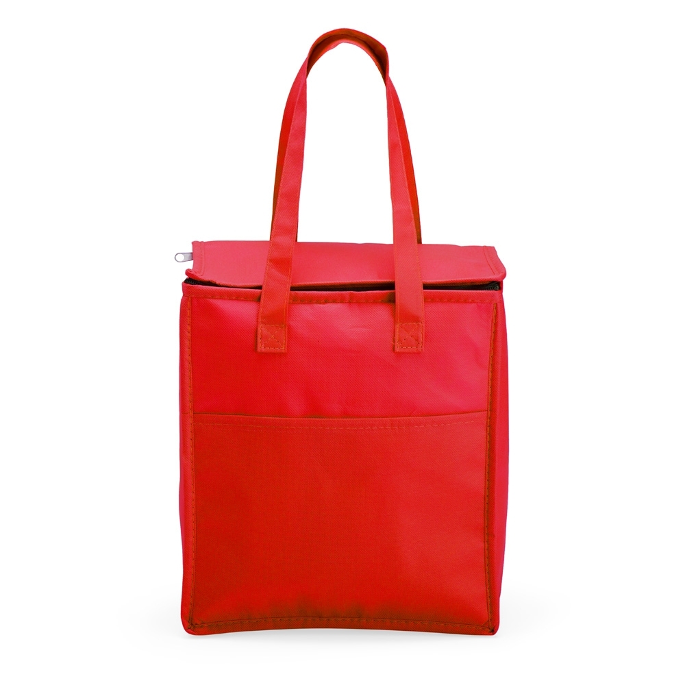 Bolsa térmica 13 litros de TNT com bolso frontal personalizada com a logo da empresa, na cor vermelho