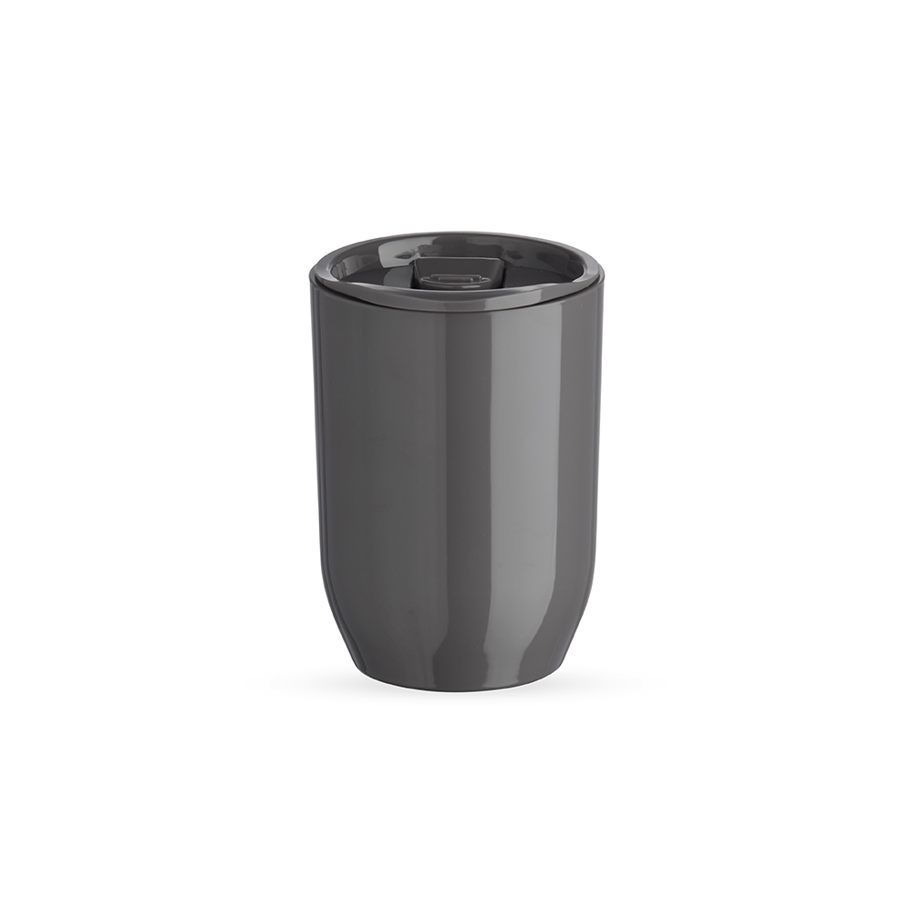 Copo plástico 350 ml com tampa de pressão e trava personalizado com a logo da empresa, na cor cinza