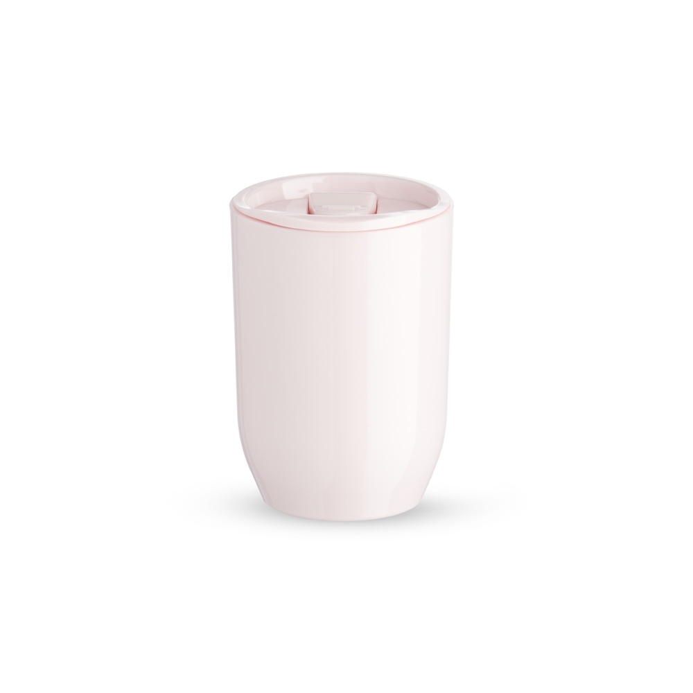 Copo plástico 350 ml com tampa de pressão e trava personalizado com a logo da empresa, na cor rosa