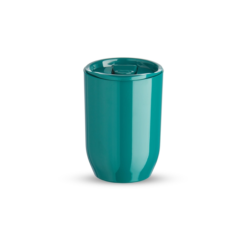 Copo plástico 350 ml com tampa de pressão e trava personalizado com a logo da empresa, na cor verde