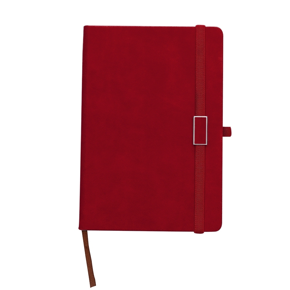 Bloco de anotações emborrachado sem pauta com porta-caneta personalizado com a logo da empresa, na cor vermelho