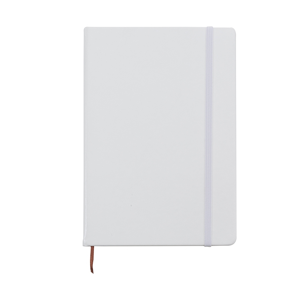 Caderneta de couro sintético com 78 folhas na cor Branco, personalizada com a logo da empresa