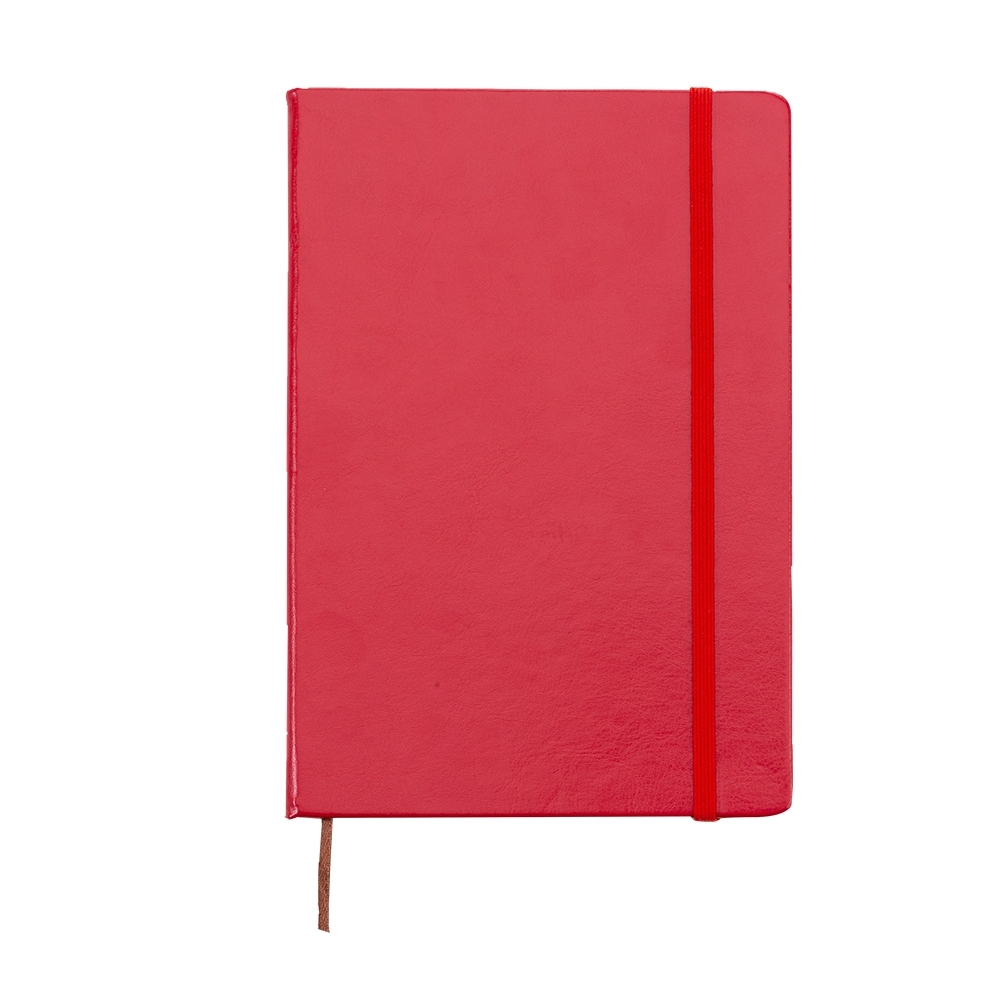 Caderneta de couro sintético com 78 folhas personalizada com a logo da empresa, na cor vermelho