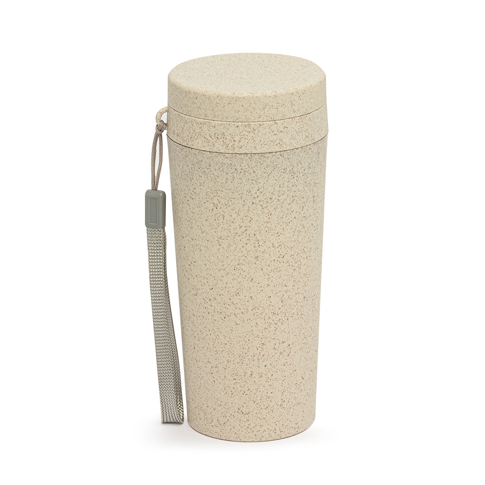 Copo de fibra de bambu 350 ml de parede dupla com alça personalizado com a logo da empresa, na cor bege