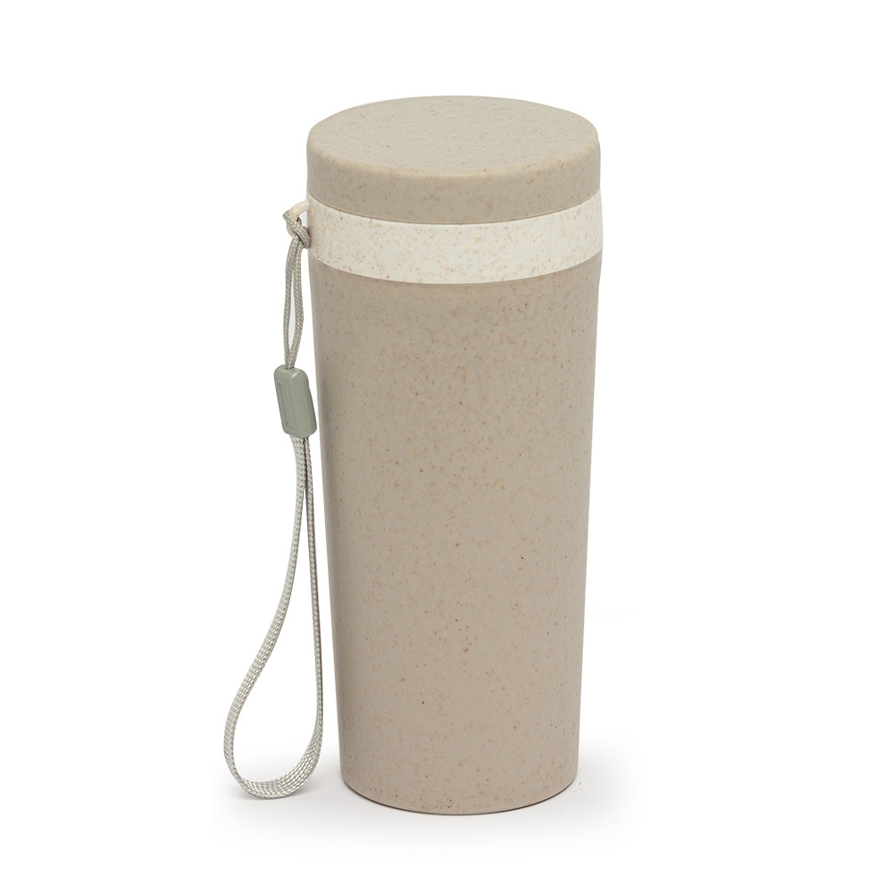 Copo de fibra de bambu 350 ml de parede dupla com alça na cor Cinza, personalizado com a logo da empresa