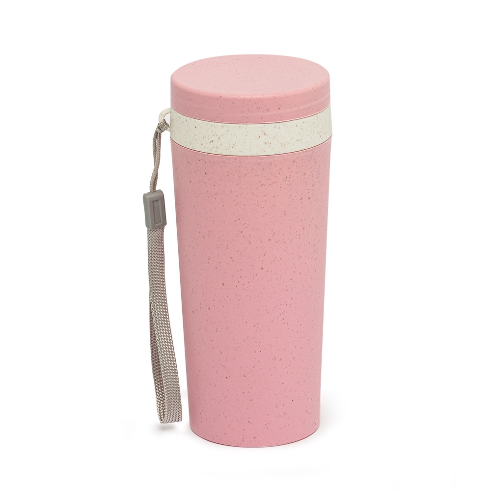 Copo de fibra de bambu 350 ml de parede dupla com alça personalizado com a logo da empresa, na cor rosa / bege