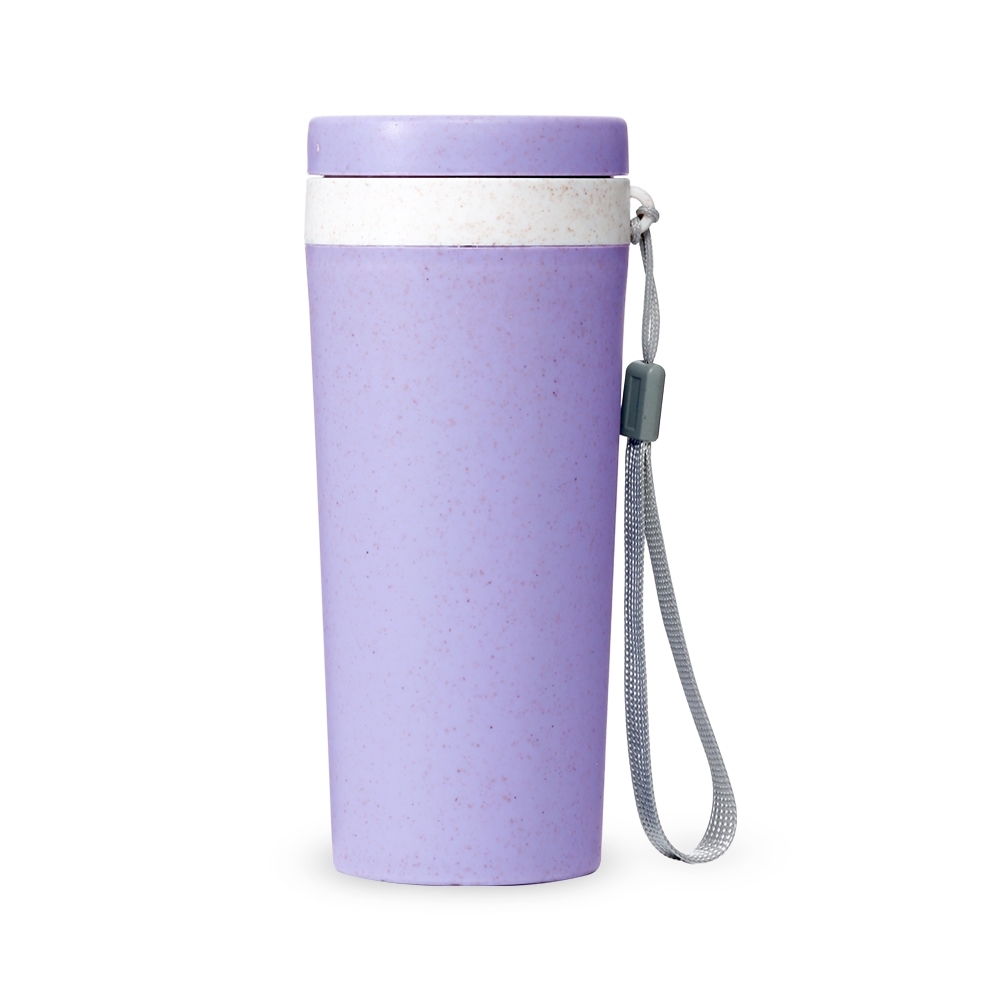 Copo de fibra de bambu 350 ml de parede dupla com alça personalizado com a logo da empresa, na cor roxo / branco