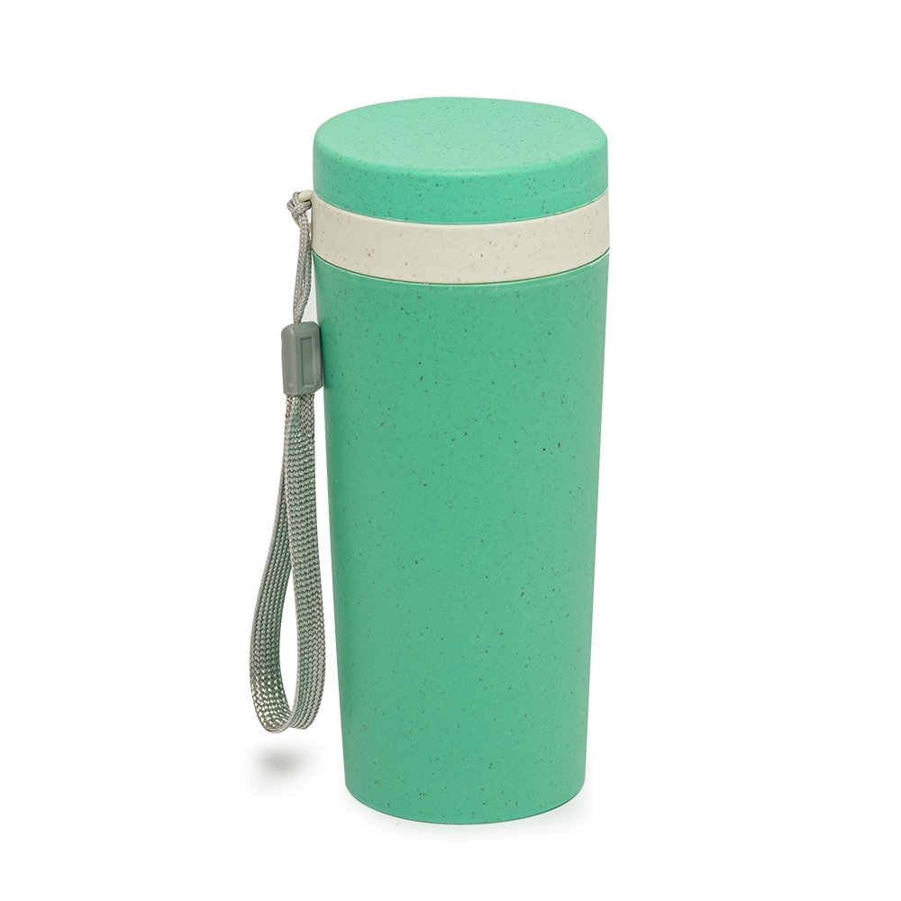 Copo de fibra de bambu 350 ml de parede dupla com alça personalizado com a logo da empresa, na cor verde / bege
