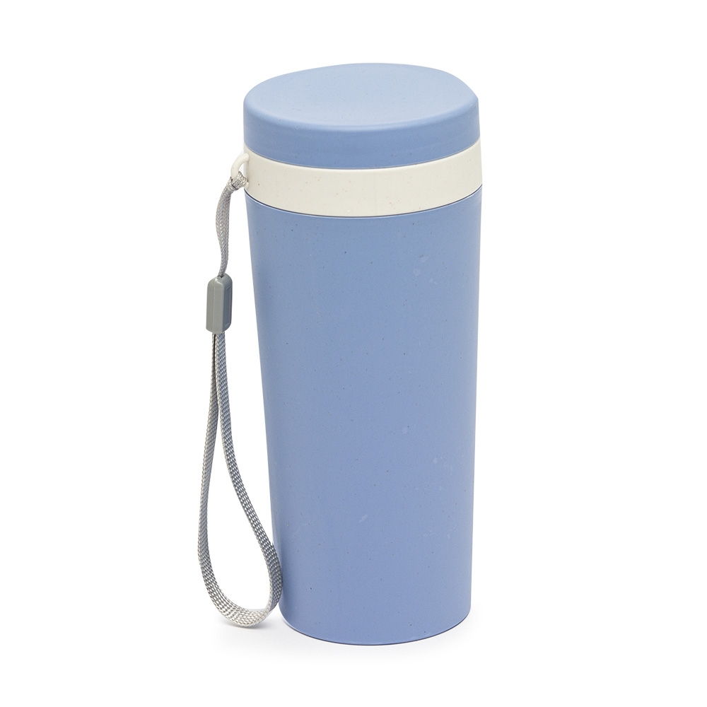 Copo de fibra de bambu 350 ml de parede dupla com alça modelo 2 personalizado com a logo da empresa, na cor azul