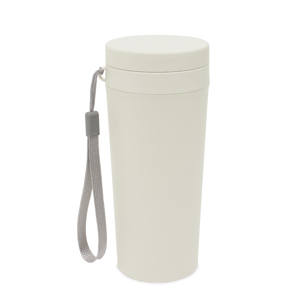 Copo de fibra de bambu 350 ml de parede dupla com alça modelo 2 personalizado com a logo da empresa, na cor bege