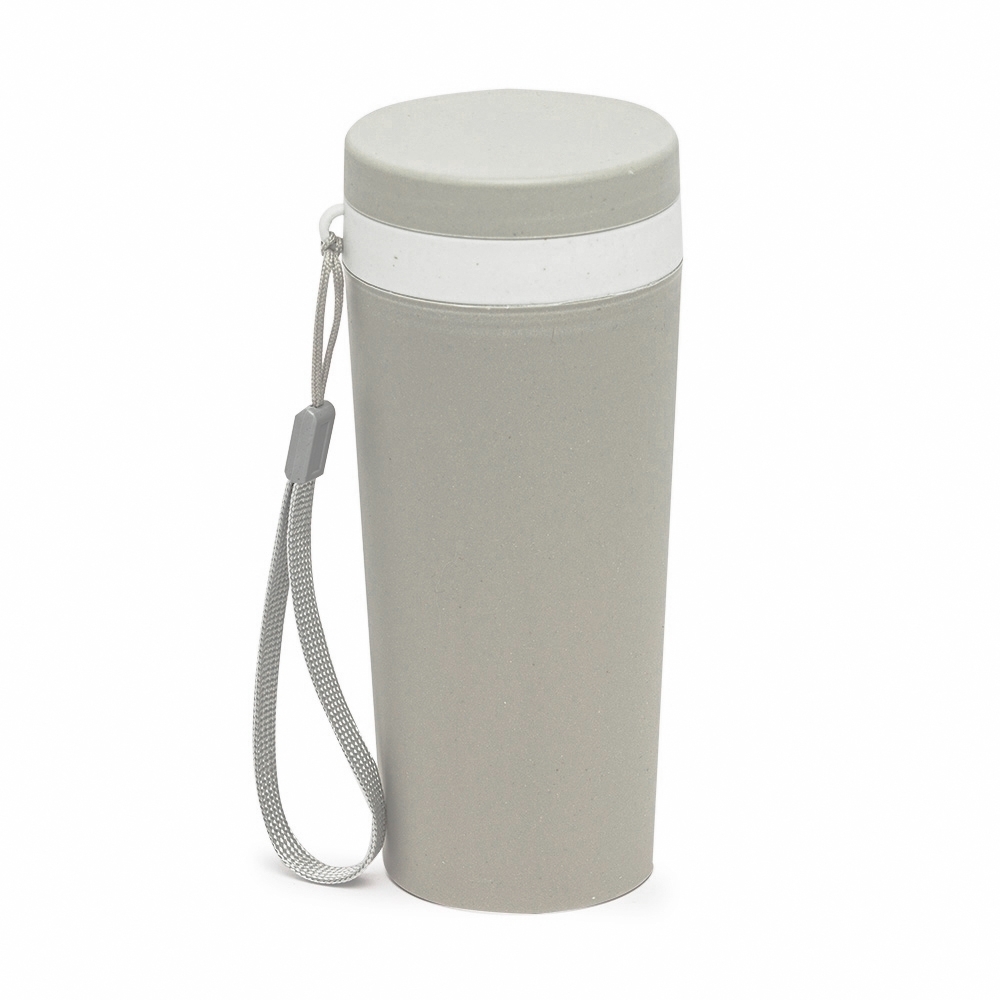 Copo de fibra de bambu 350 ml de parede dupla com alça modelo 2 na cor Cinza, personalizado com a logo da empresa