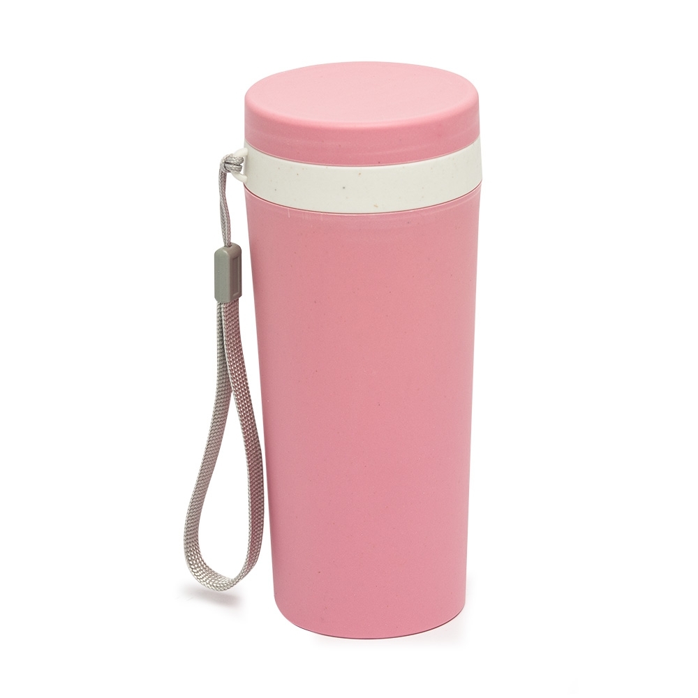 Copo de fibra de bambu 350 ml de parede dupla com alça modelo 2 personalizado com a logo da empresa, na cor rosa / bege