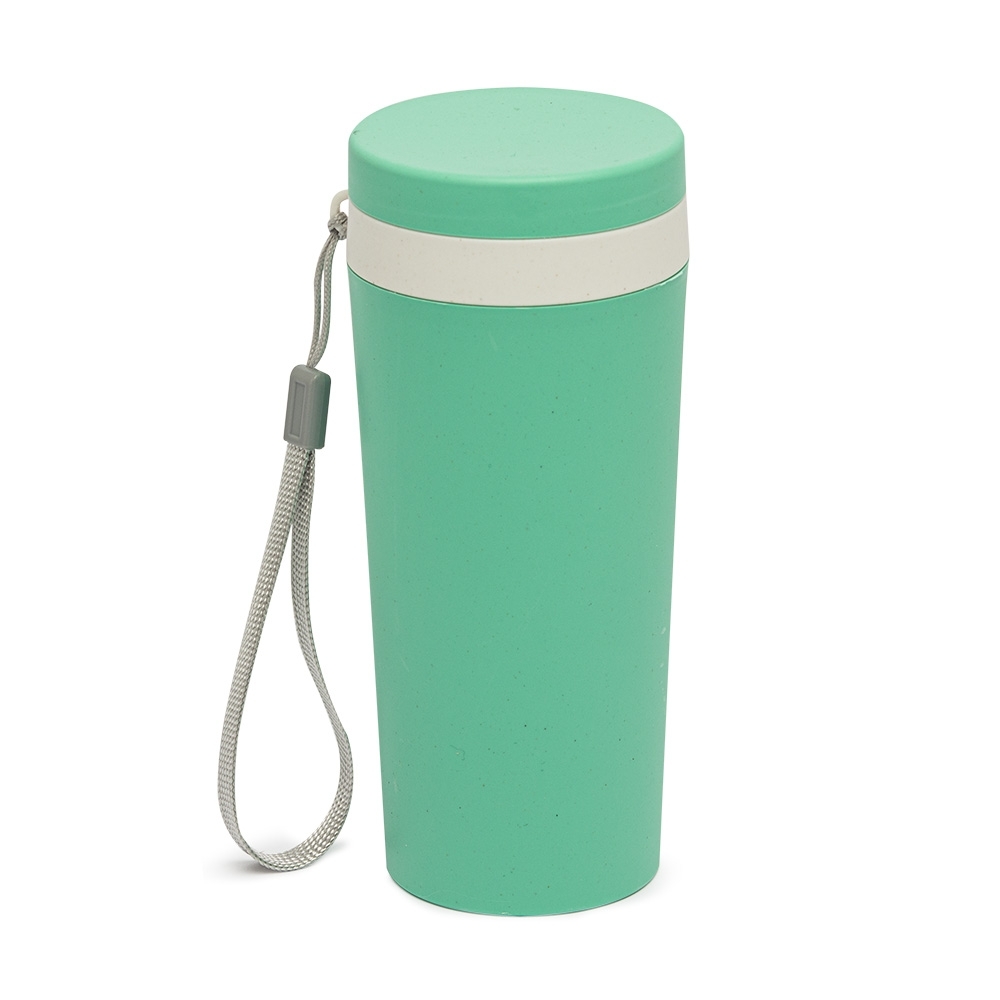 Copo de fibra de bambu 350 ml de parede dupla com alça modelo 2 personalizado com a logo da empresa, na cor verde / bege