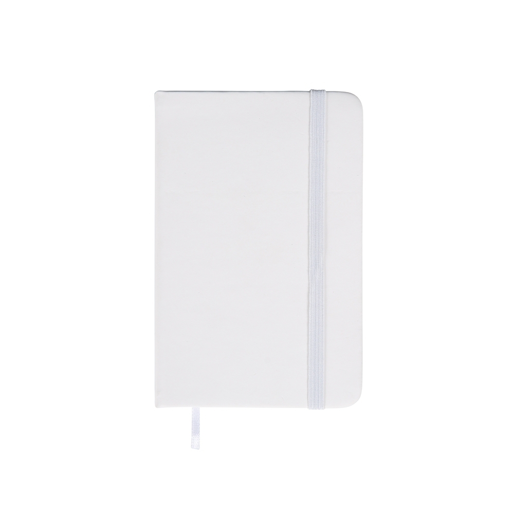 Caderneta emborrachada sem pauta com 80 folhas e elástico (14 x 9 cm) na cor Branco, personalizada com a logo da empresa