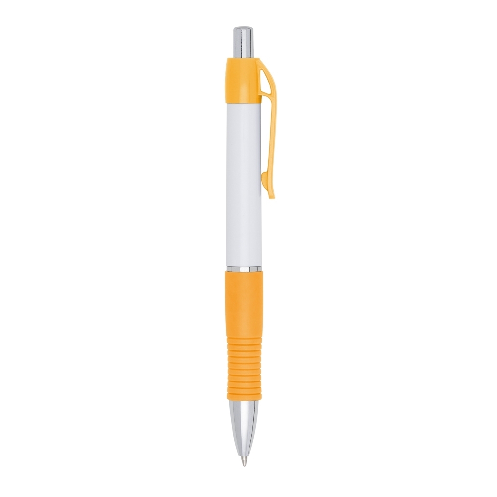 Caneta plástica de corpo branco com pega emborrachada frisada na cor Branco / Amarelo, personalizada com a logo da empresa