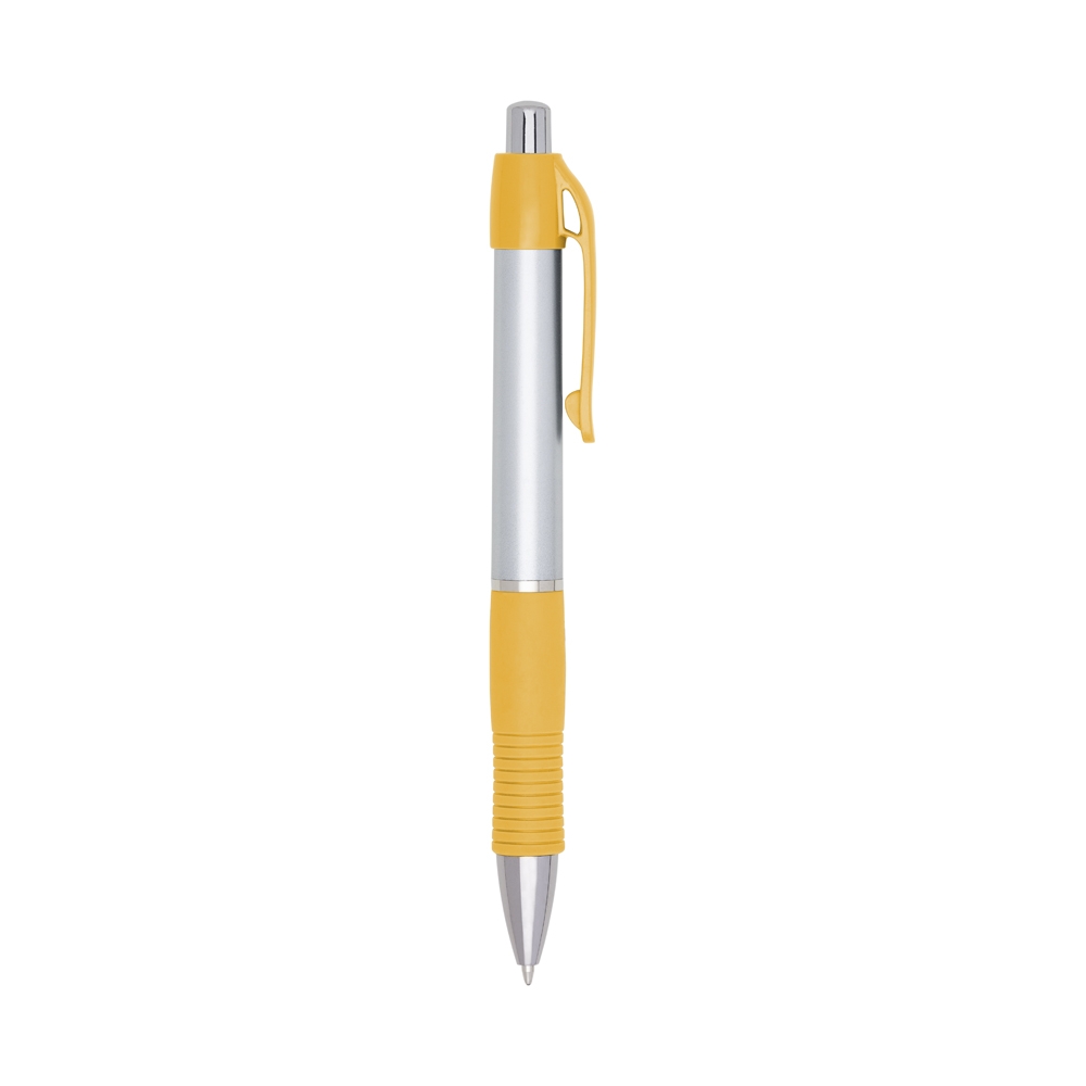 Caneta plástica de corpo prateado com pega emborrachada frisada personalizada com a logo da empresa, na cor amarelo / prata