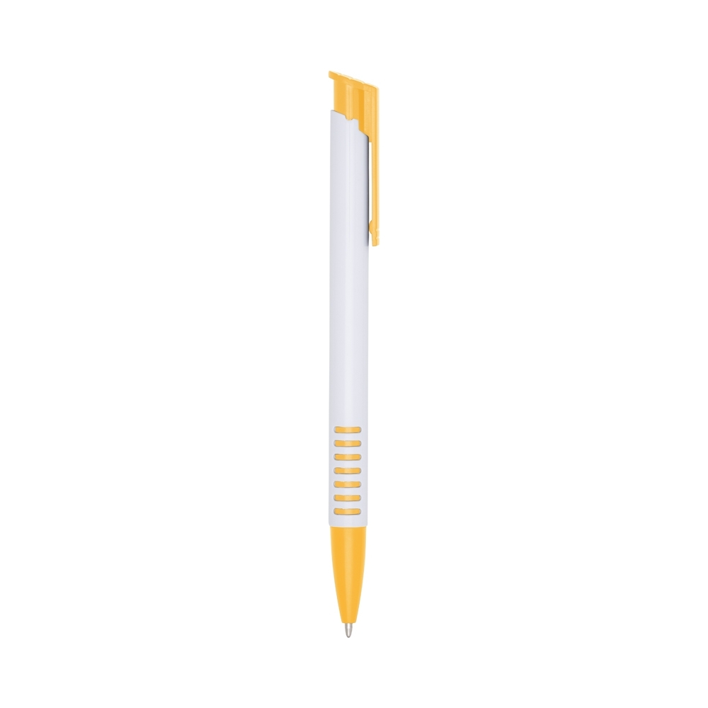 Caneta plástica de corpo branco com pega frisada colorida personalizada com a logo da empresa, na cor amarelo / branco