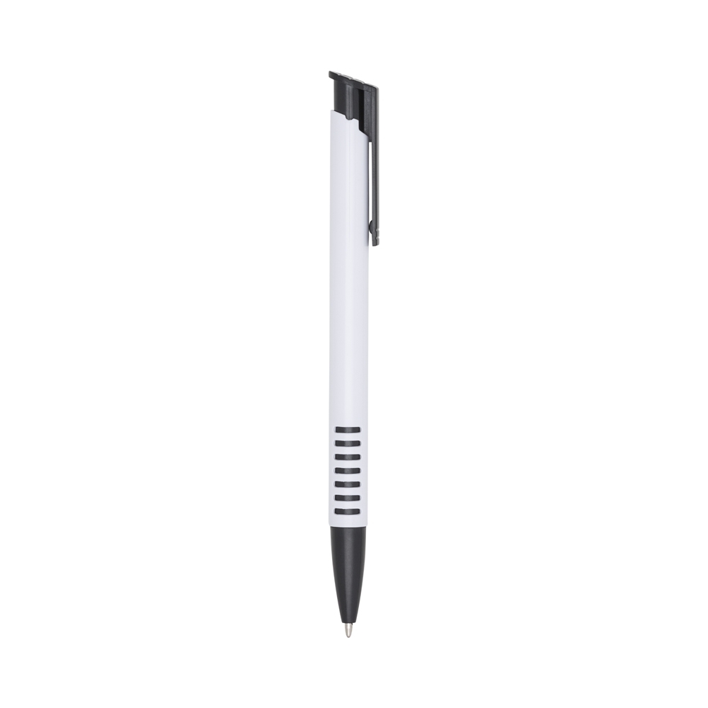 Caneta plástica de corpo branco com pega frisada colorida na cor Preto / Branco, personalizada com a logo da empresa