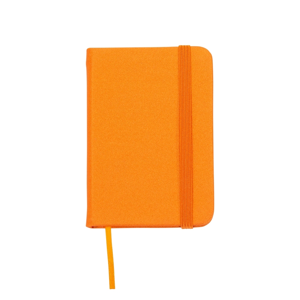 Mini caderneta sintética brilhante personalizada com a logo da empresa, na cor laranja